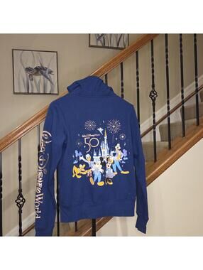 Walt Disney World 50 Anniversary Gold Foil Accented Blue Women's XS Zip Hoodie